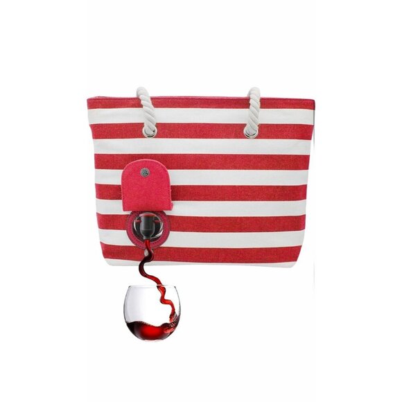PortoVino Beach Wine Tote Red White Stripe Bag W/ Hidden Insulated Compartment - Picture 1 of 13